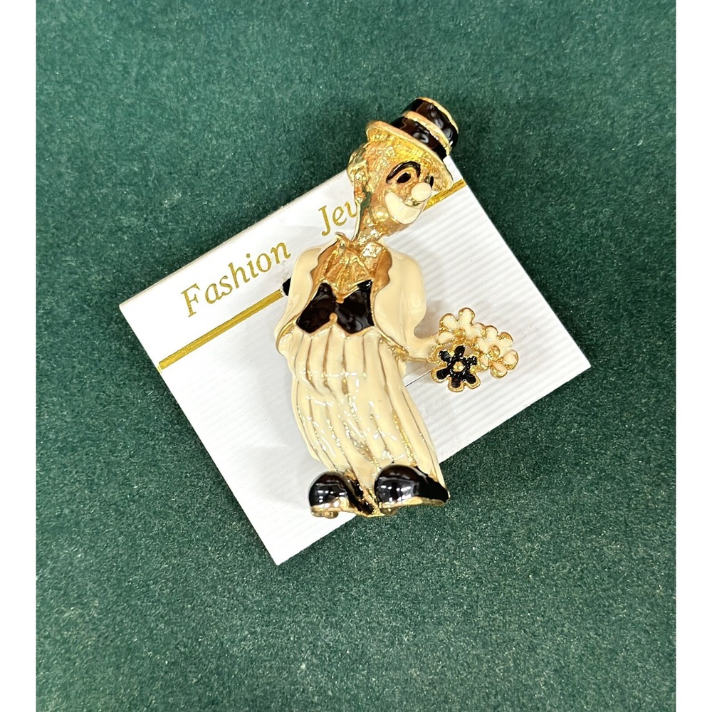 Clown Shaped Brooch With Flowers Gold Toned Enamel